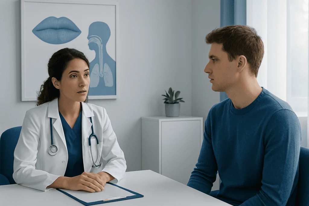 Doctor consulting with a patient about throat health in a clinical setting.
