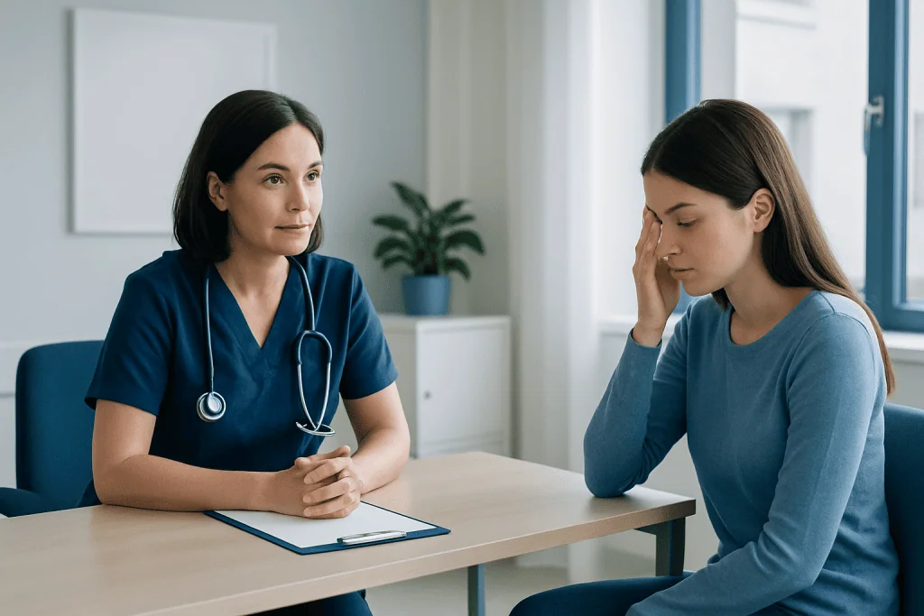 Doctor consulting a patient about optic neuritis symptoms and diagnosis.