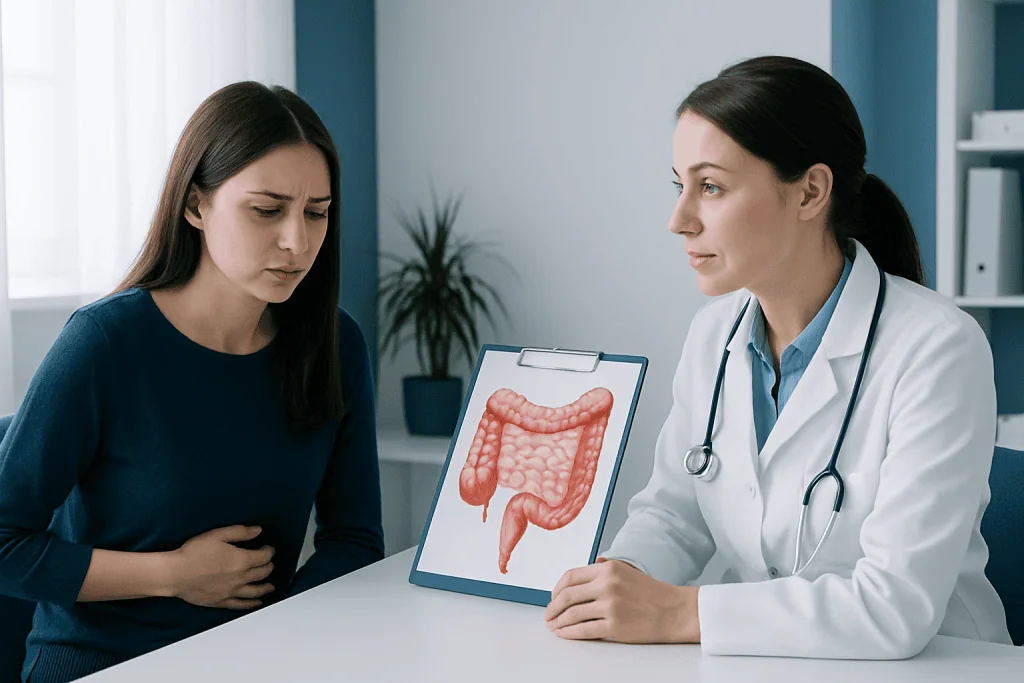Doctor explaining intestinal health to patient with colon diagram.