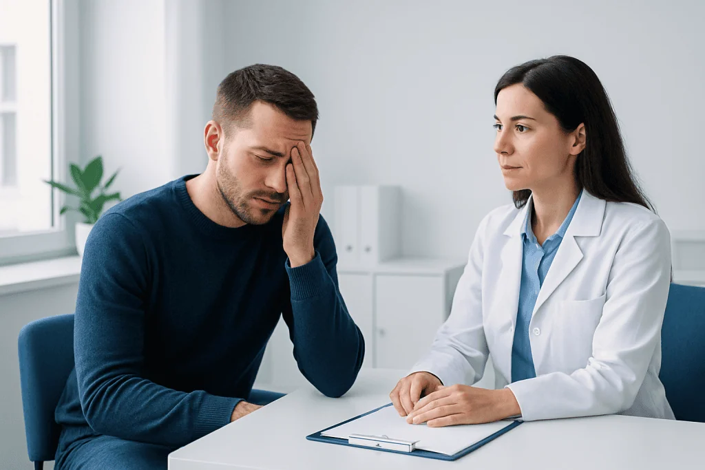 Patient experiencing headache consults with doctor in clinic setting.