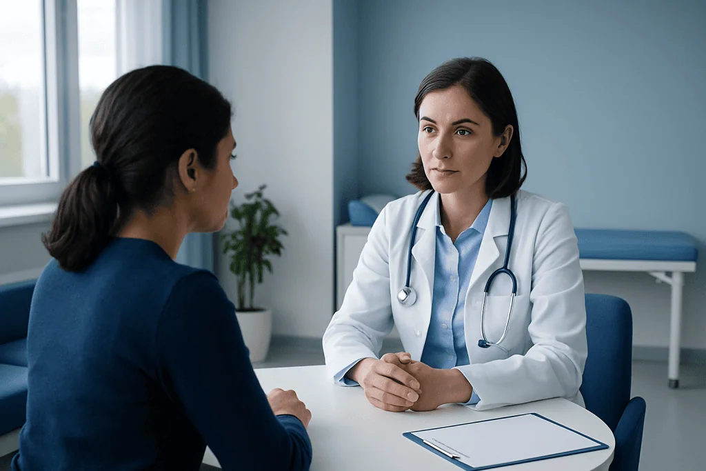 Doctor consulting with a patient in a modern medical office.
