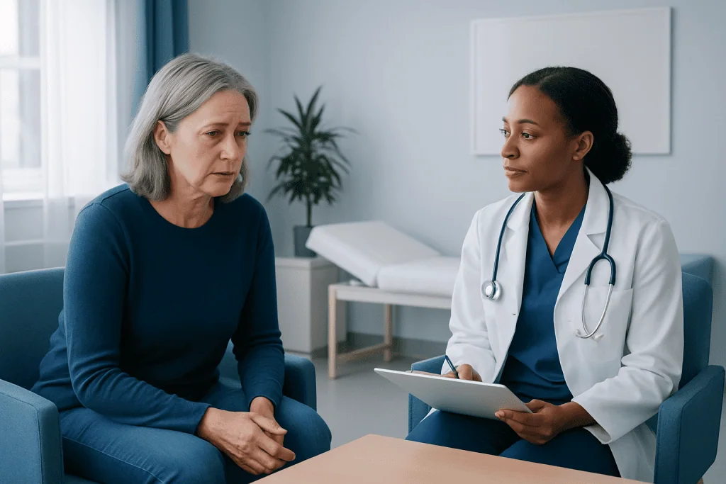 Doctor consulting with an older female patient in a medical office.