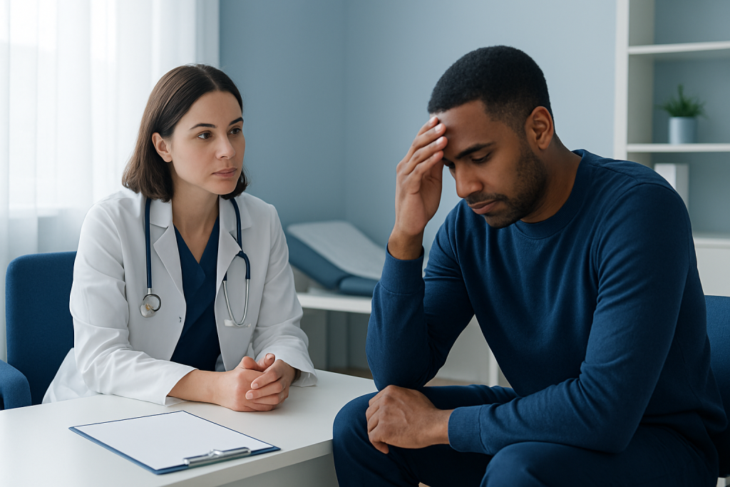 Doctor consulting with a patient experiencing headache or stress.