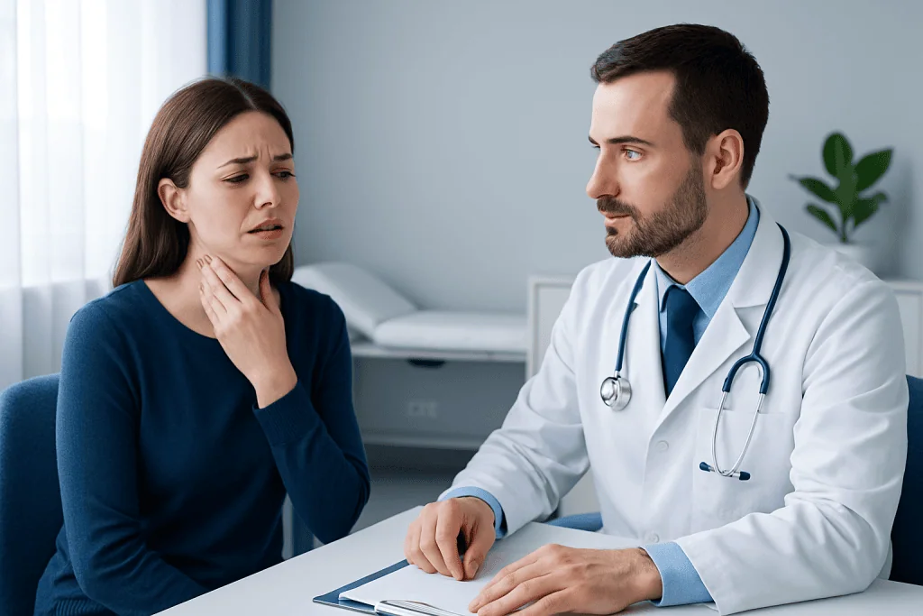 Doctor examining a woman with throat pain in a medical consultation room.