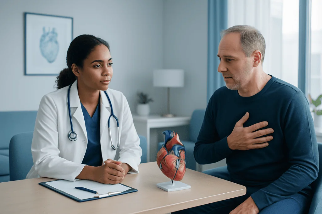 Doctor explaining heart health to a patient in a clinic setting.