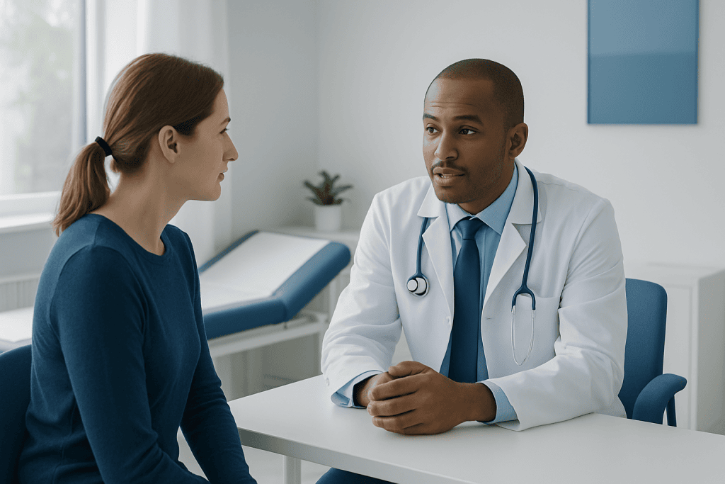 Doctor consulting with a female patient in a medical office.