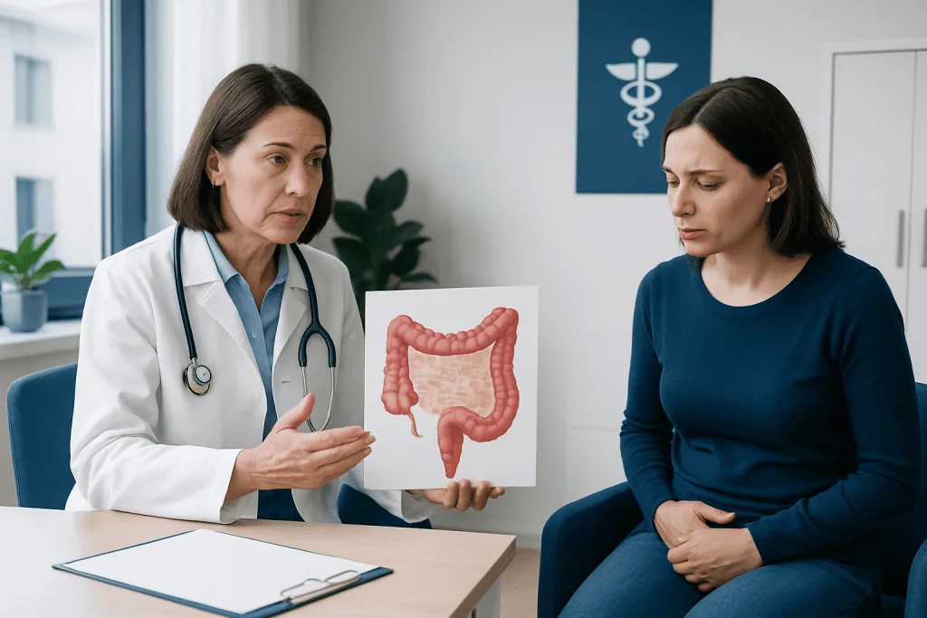 Doctor explaining colon illustration to patient in a medical consultation.