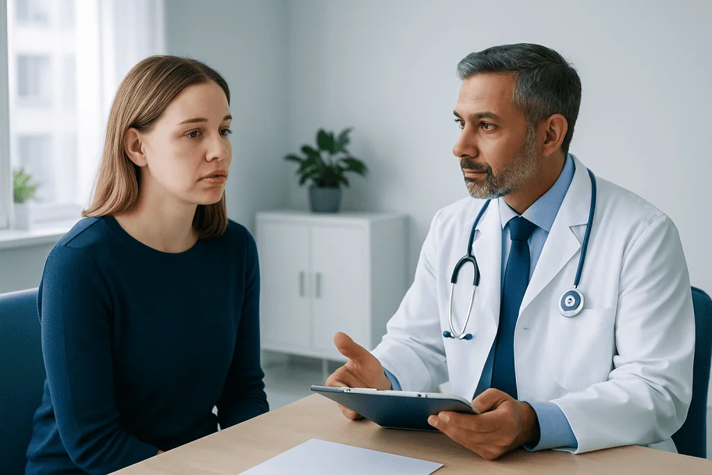 Doctor consulting with a young woman about allergic reaction symptoms on lips.