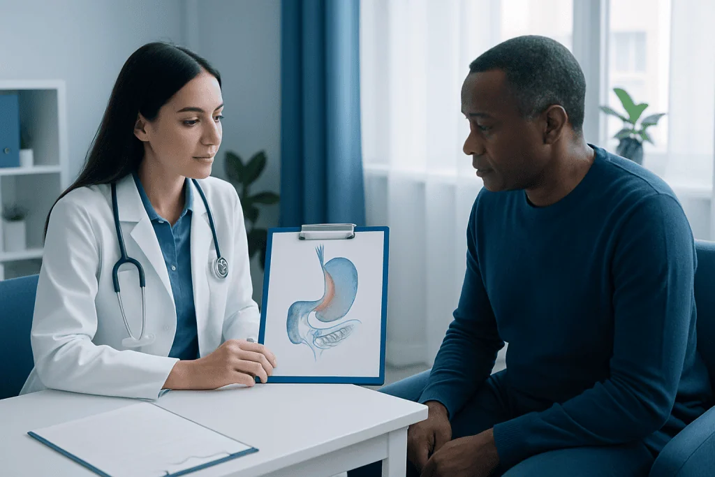 Doctor explaining gastroesophageal reflux to patient with stomach diagram.