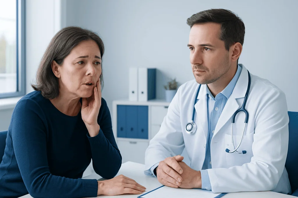 Doctor consulting with a worried middle-aged woman in a medical office.