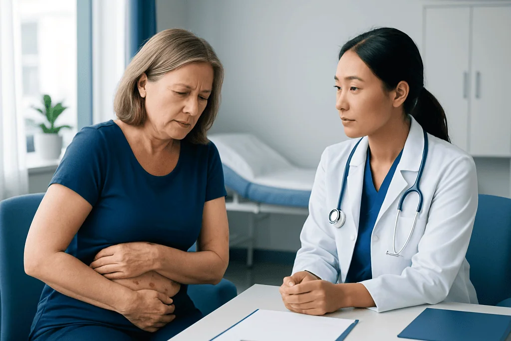 Doctor consulting with a middle-aged woman patient in a medical office.