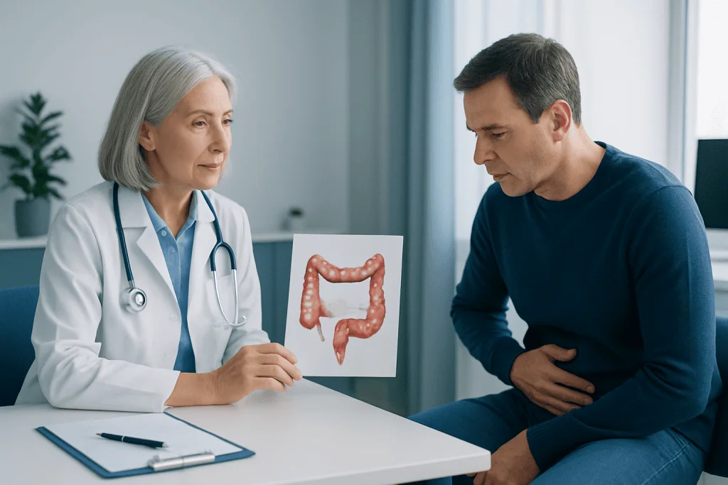 Doctor explaining colon inflammation to patient with colon model.