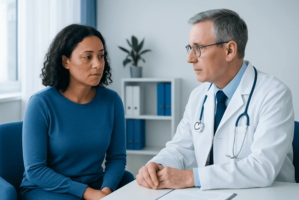 Doctor consulting with a female patient in a medical office.