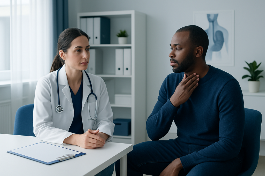 Doctor consulting with patient about throat health and symptoms.