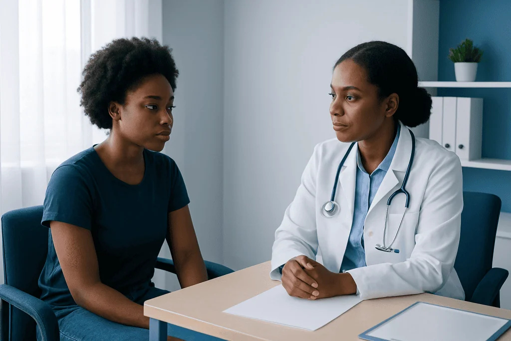 Doctor consulting with a patient in a medical office setting.