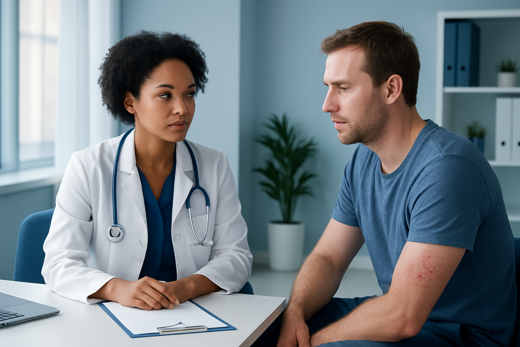 Doctor consulting with male patient in a medical office setting.