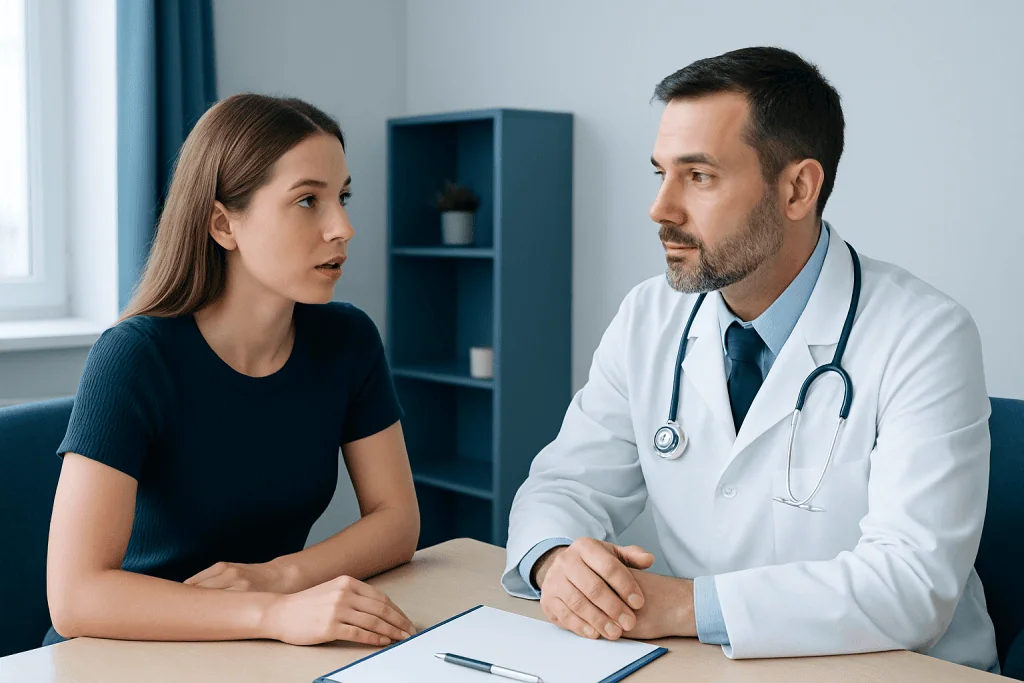Doctor consulting with young female patient in a medical office.