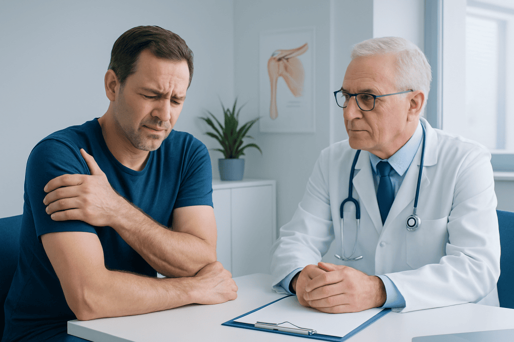 Doctor consulting with patient about shoulder pain and rotator cuff issues.
