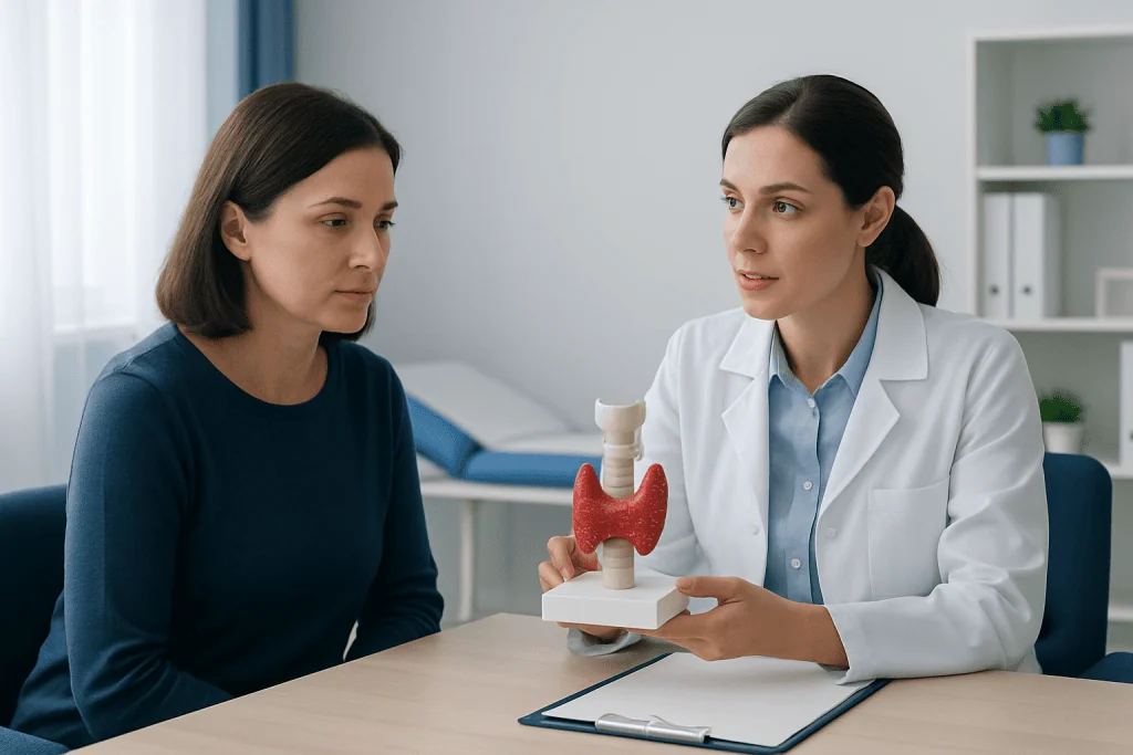Doctor explaining thyroid health to a patient with a model of the thyroid gland.