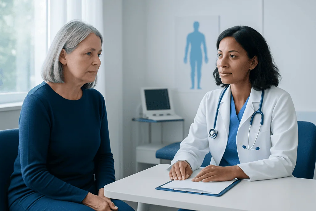 Doctor consulting with an elderly female patient in a medical office.