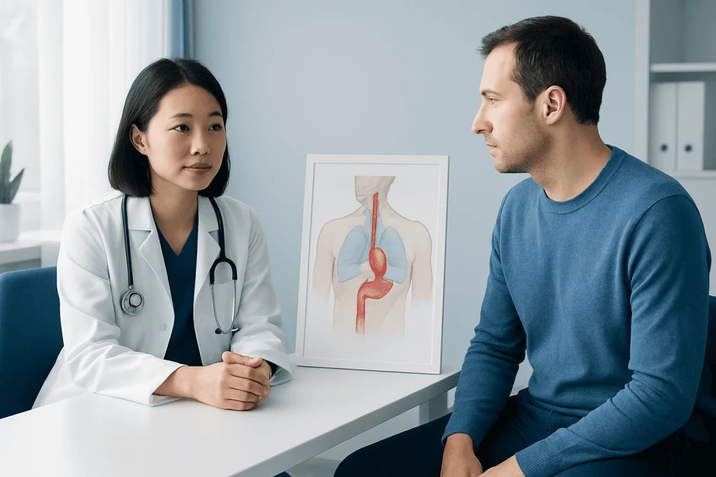 Doctor consulting with patient about esophageal health and treatment options.