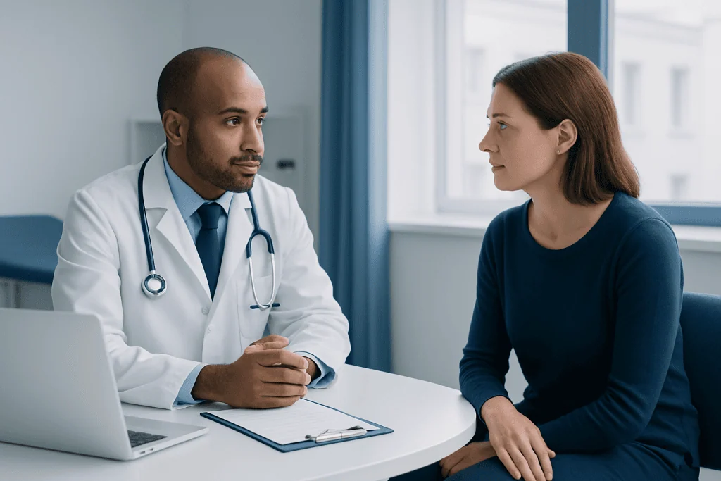 Doctor consulting with female patient in a medical office setting.