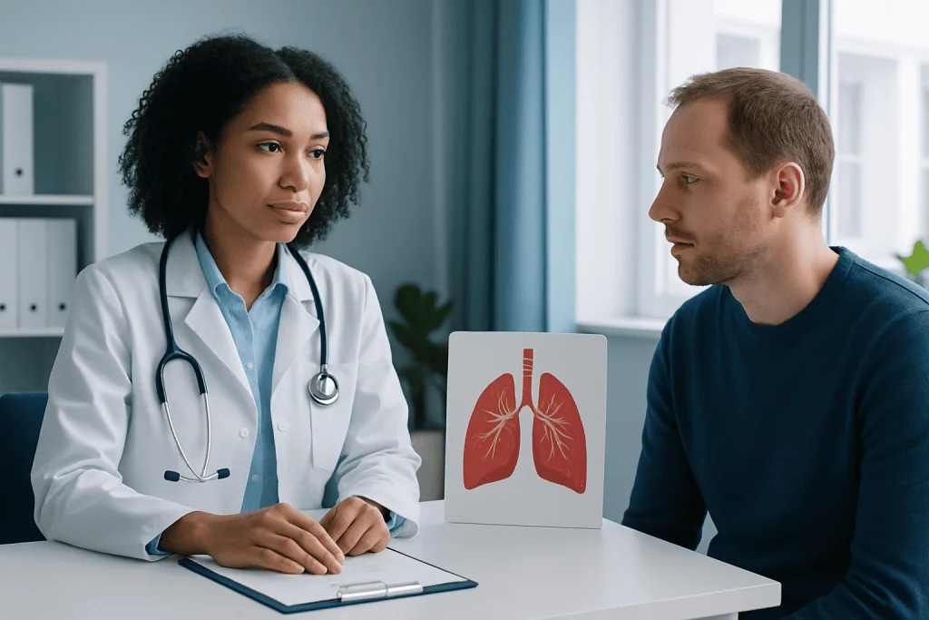Doctor consulting with patient about lung health and pneumonia treatment options.