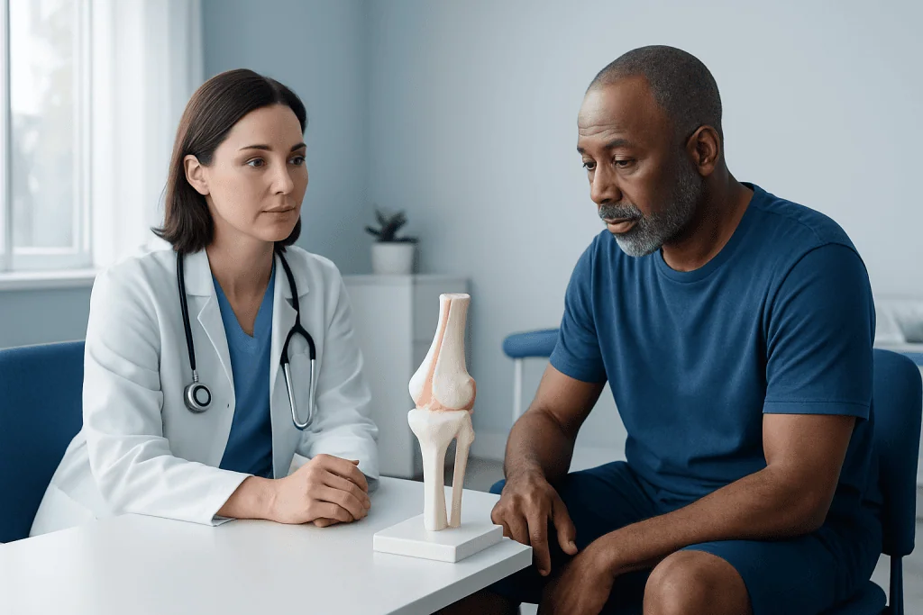 Doctor explaining knee injury to patient with knee model in clinic.