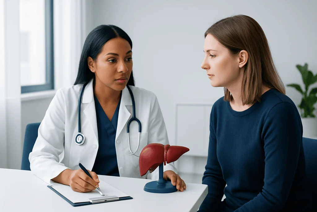 Doctor explaining liver health to a patient in a consultation room.