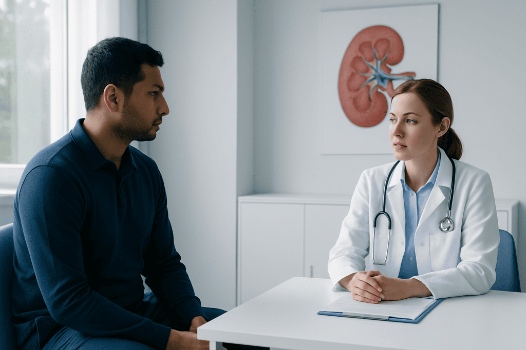 Doctor consulting with patient about kidney health in a medical office.