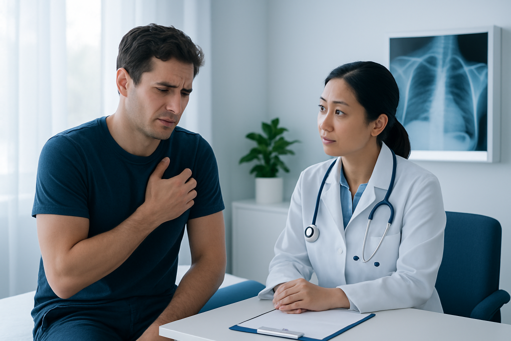 Patient experiencing chest pain during medical consultation at Acibadem Hospital.