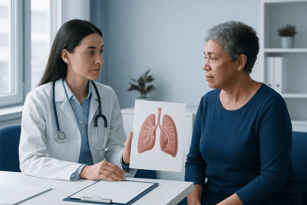 Doctor explaining lung health to patient with lung diagram.