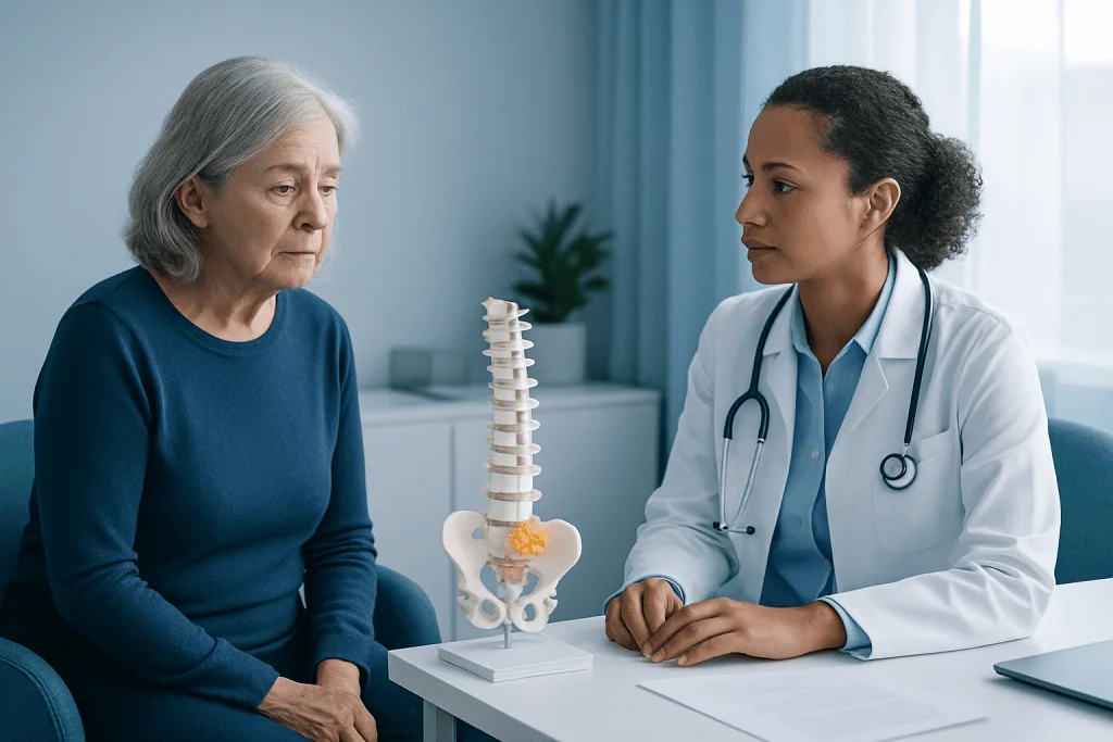 Doctor explaining spinal tumor to elderly woman in consultation room.