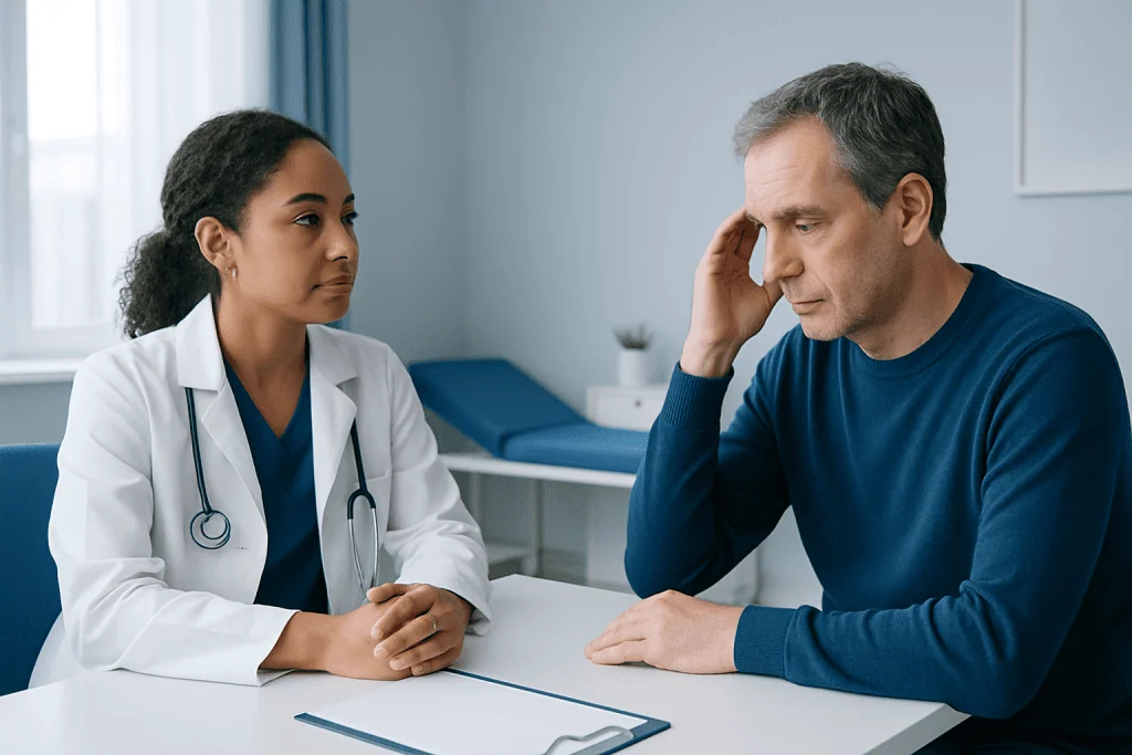 Doctor consulting with a patient about neurological symptoms in a hospital setting.