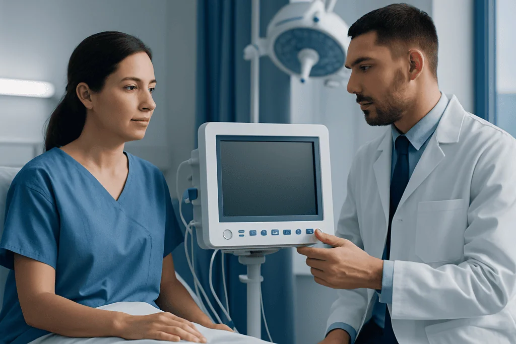 Doctor explaining medical information to a patient in hospital room.