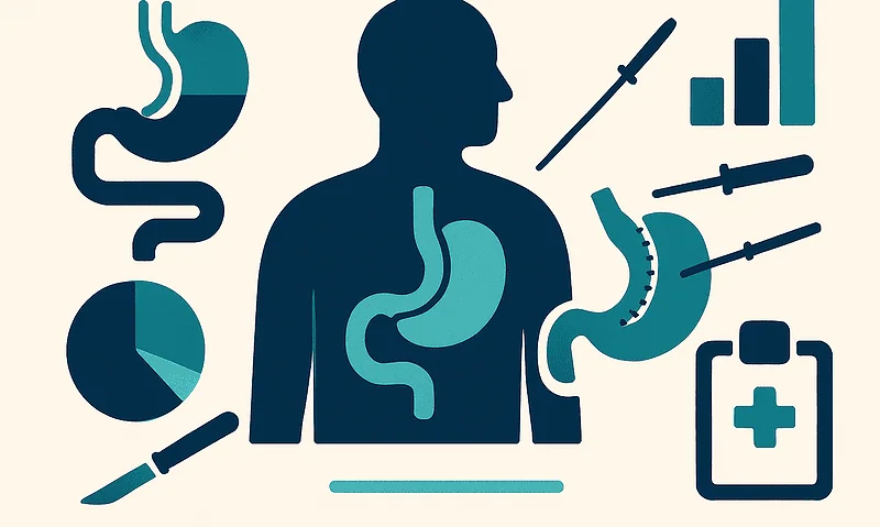Medical illustration of stomach and digestive system with surgical tools and charts.