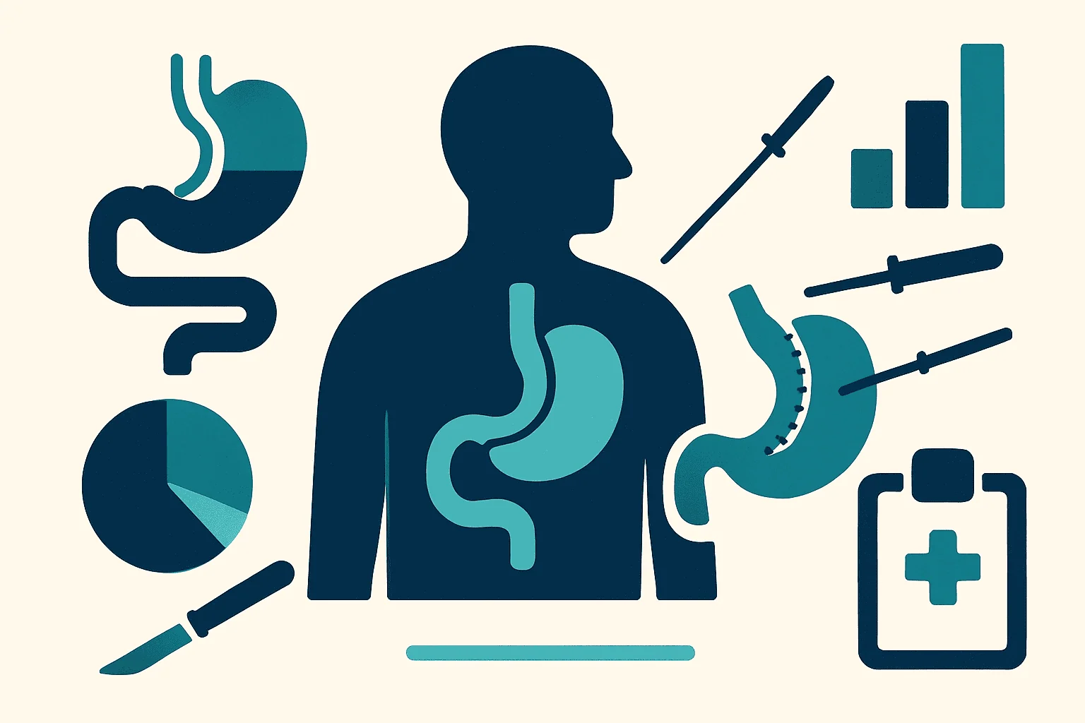 Medical illustration of stomach and digestive system with surgical tools and charts.