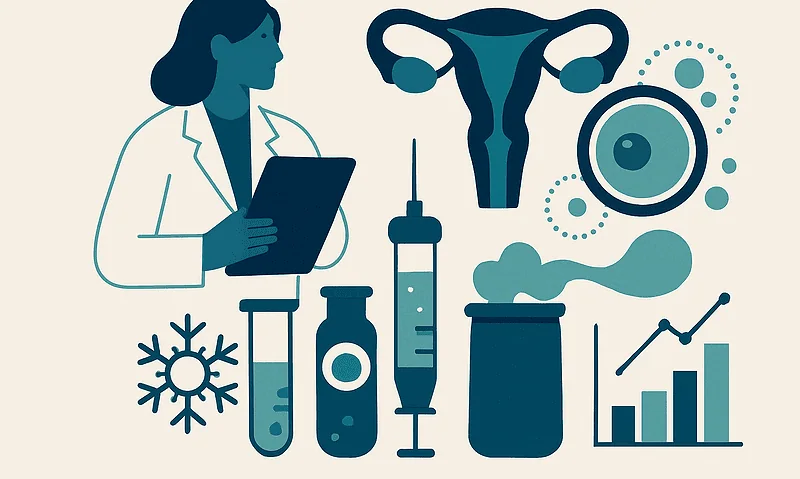 Medical illustration of reproductive health and egg freezing process.