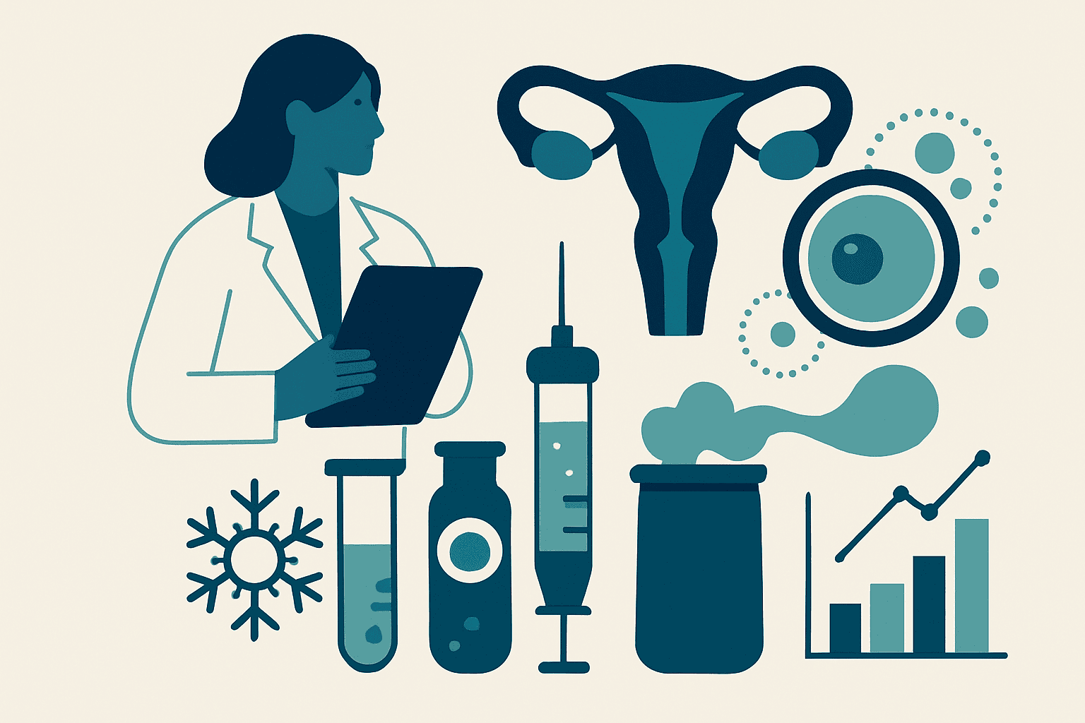 Medical illustration of reproductive health and egg freezing process.