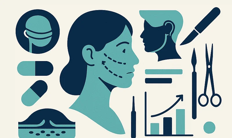 Illustration of facial cosmetic surgery tools and procedures.