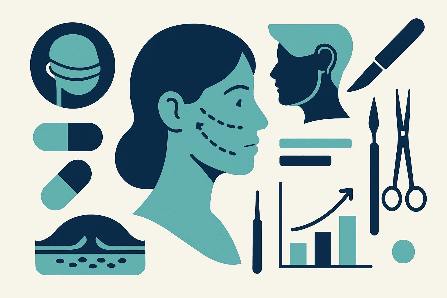 Celebrities With Facelift: 10 Stars Who Spoke Openly 1 Illustration of facial cosmetic surgery tools and procedures.