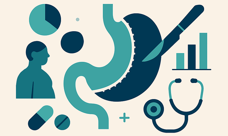 Illustration of stomach, pills, and medical tools related to gastric sleeve surgery.