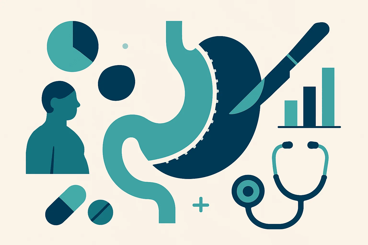 Illustration of stomach, pills, and medical tools related to gastric sleeve surgery.
