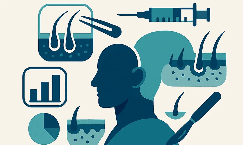Illustration of hair transplant process and scalp analysis.