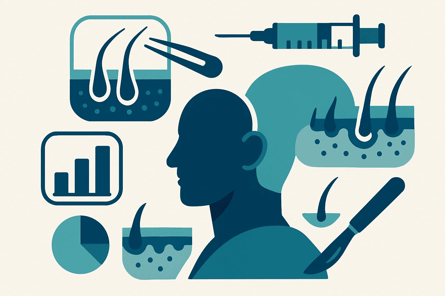 Illustration of hair transplant process and scalp analysis.