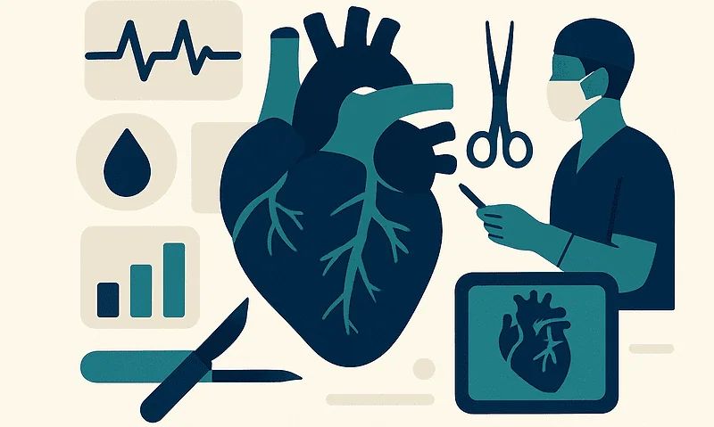 Illustration of heart surgery with medical tools and a doctor wearing a mask.