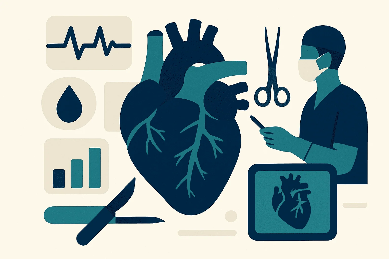 Illustration of heart surgery with medical tools and a doctor wearing a mask.