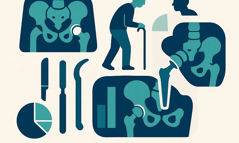 Medical illustrations of hip replacement procedures and X-ray images.