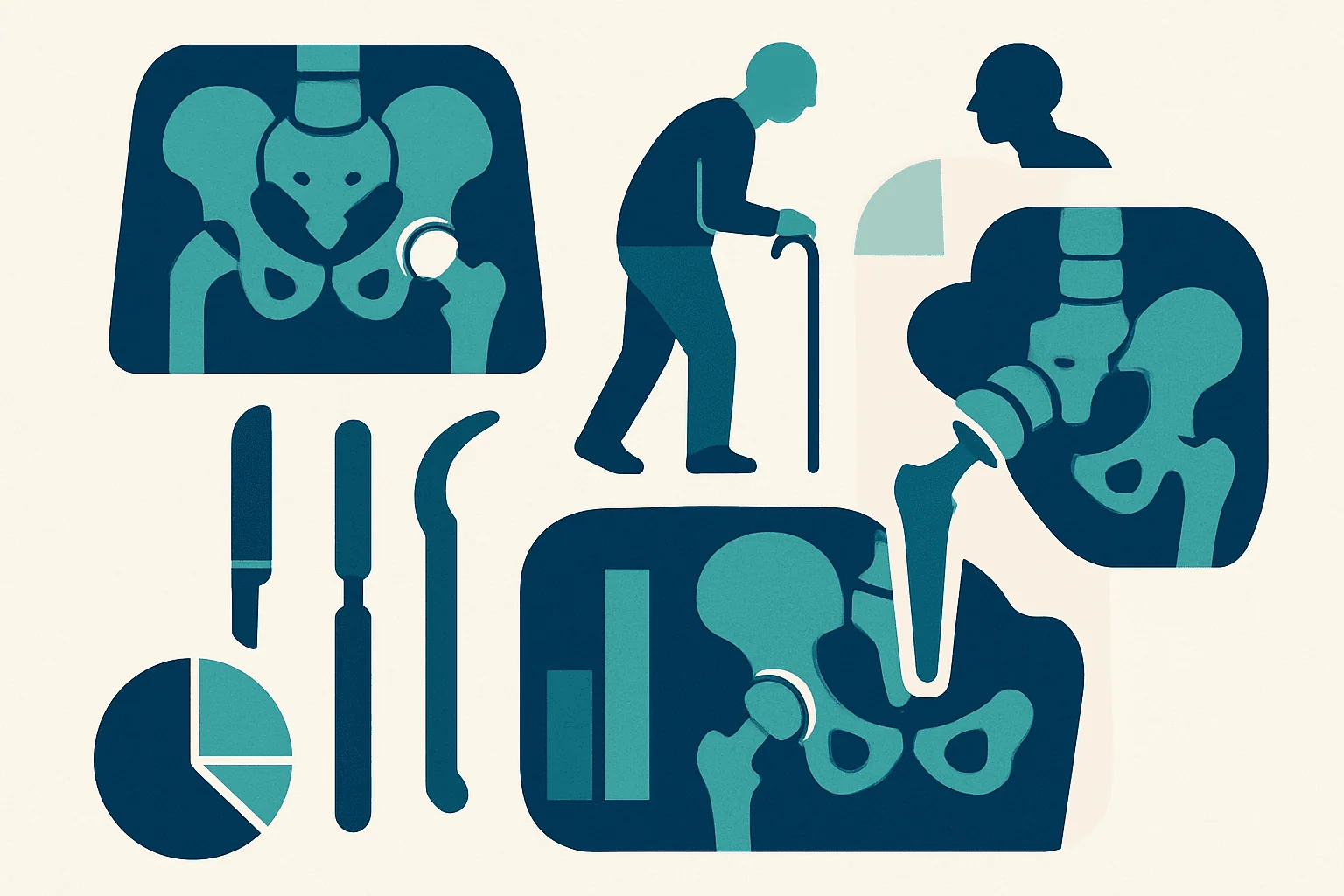 Medical illustrations of hip replacement procedures and X-ray images.