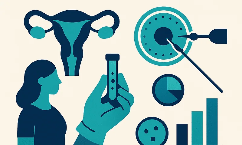 Fertility treatment illustration with medical symbols and a woman.